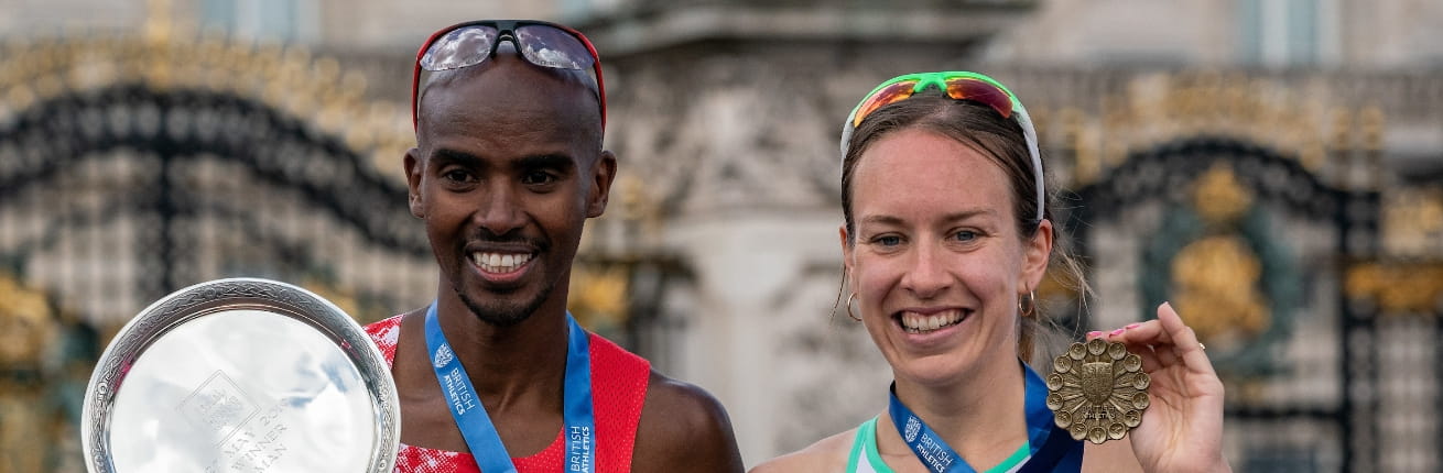 Sir Mo Farah and Stephanie Twell with their salvers and medals on the podium after winning their British Championships 10,000 Road Races