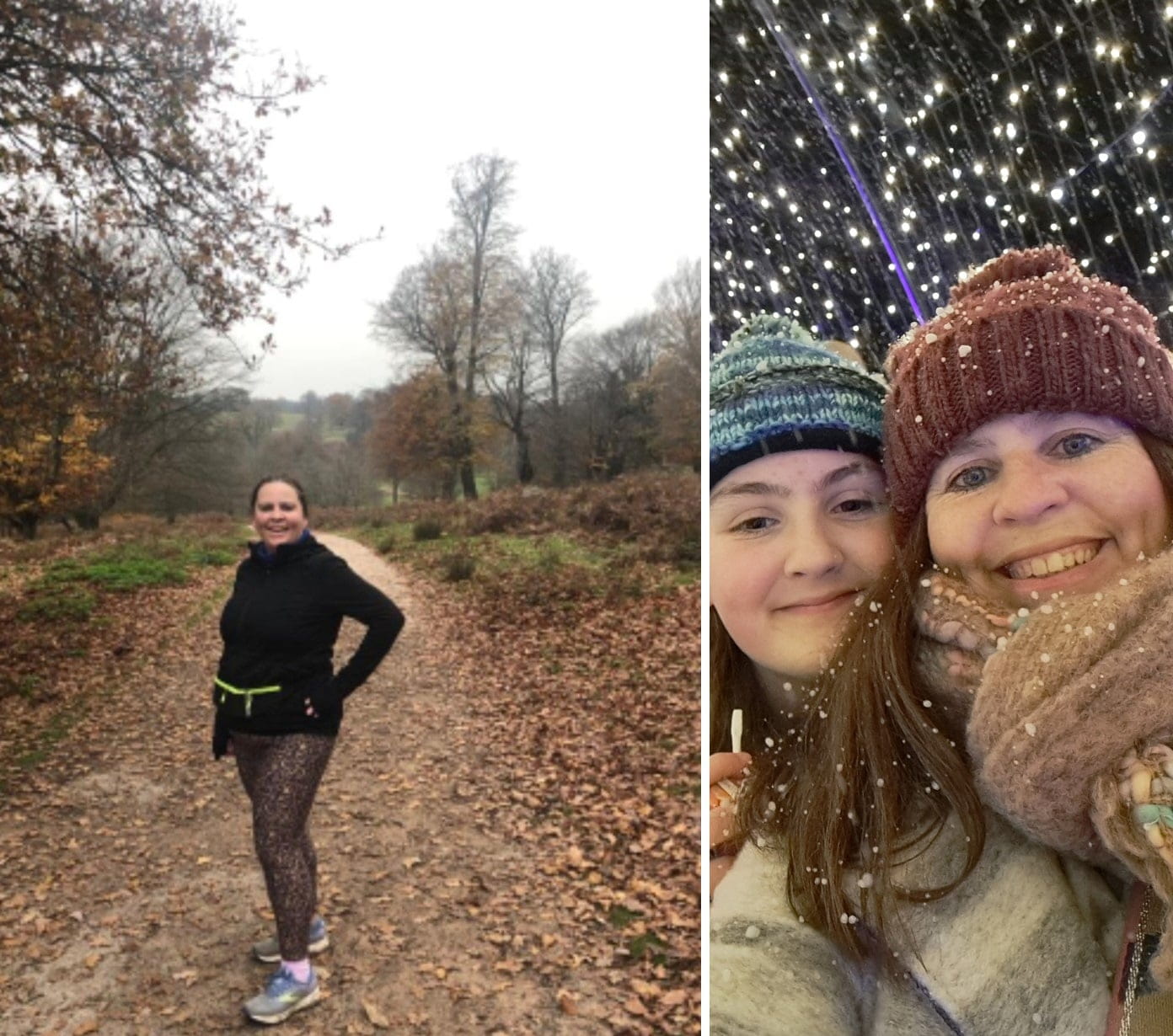 A charity runner in a park and with their daughter 