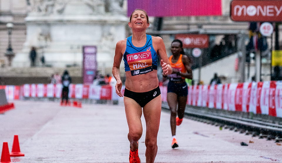 Sarah Hall crosses the finish line at the 2020 Virgin Money London Marathon