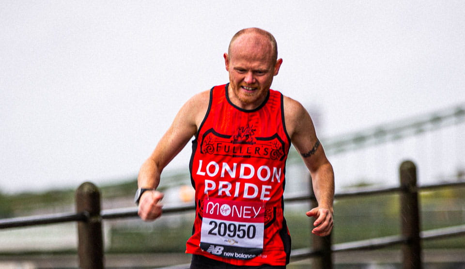 Danny Bent makes his way along the Thames Path as he takes part in the 2020 virtual Virgin Money London Marathon