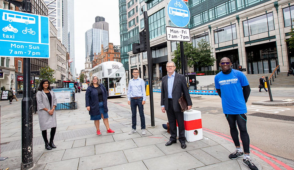 Shimisa Santhirasenan (TfL Project Lead for Car Free Day), Heidi Alexander (Deputy Mayor for Transport), Will Norman (London&#x2019;s Walking & Cycling Commissioner), Andrew Reynolds (Chair of the EC Partnership, representing local businesses) and Olu Alake (The London Marathon Charitable Trust)