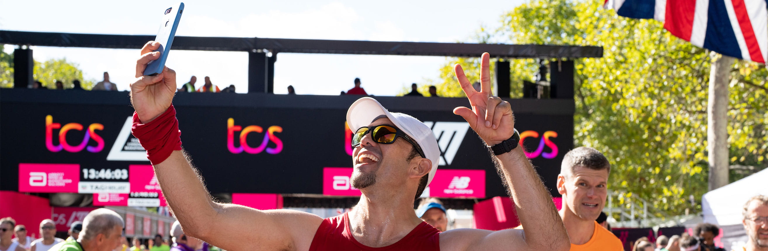 Abel Perea at the finish line, The TCS London Marathon on Sunday 2nd October 2022.