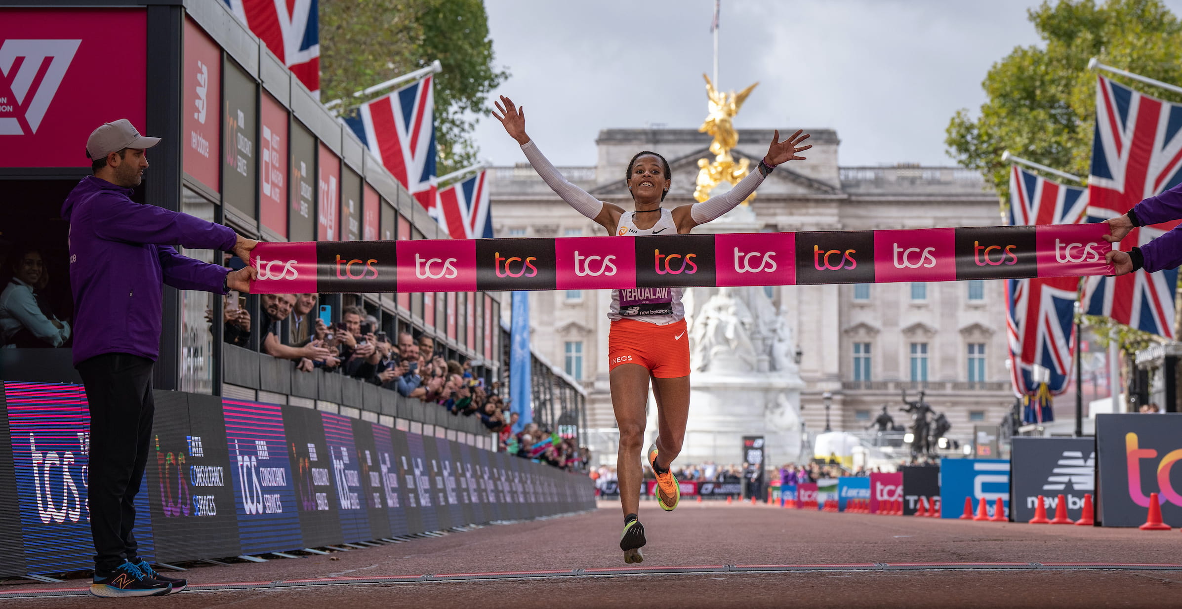 Yalemzerf Yehualaw cross the Finish Line of the TCS London Marathon