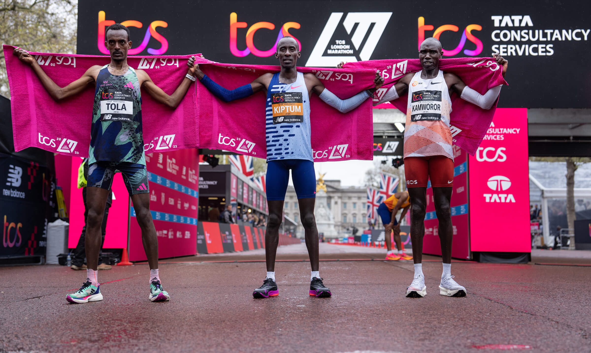 The top three finishers in the 2023 TCS London Marathon elite men's race