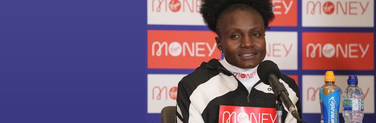 Joyciline Jepkosgei (KEN) takes part in a virtual press conference at the official hotel in the biosecure bubble ahead of the 2021 Virgin Money London Marathon