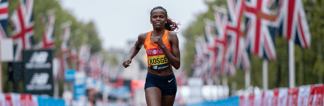 Kosgei crosses the finish line at the London Marathon