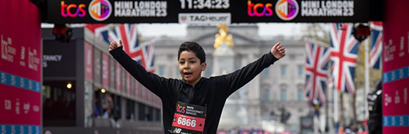 Mini London Marathon participant at the finish 