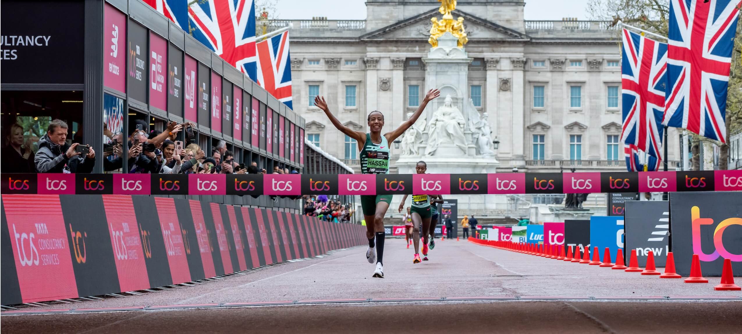 Sifan Hassan (NED) crosses the line on The Mall to win the Elite Women&#x2019;s race at The TCS London Marathon on Sunday 23rd April 2023.