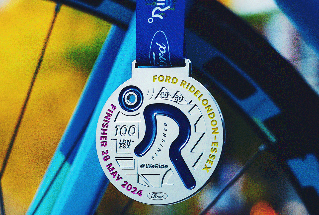 Gif cycling through different images of the Ford RideLondon-Essex 100 2024 medal