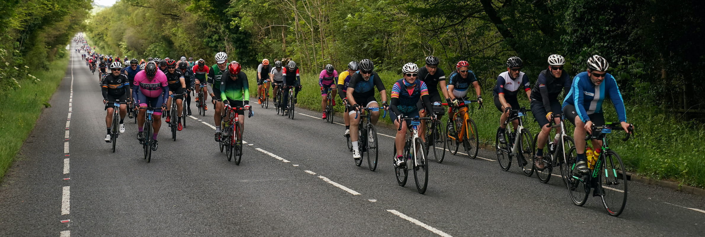 Riders cycling through the countryside during the RideLondon-Essex sportive