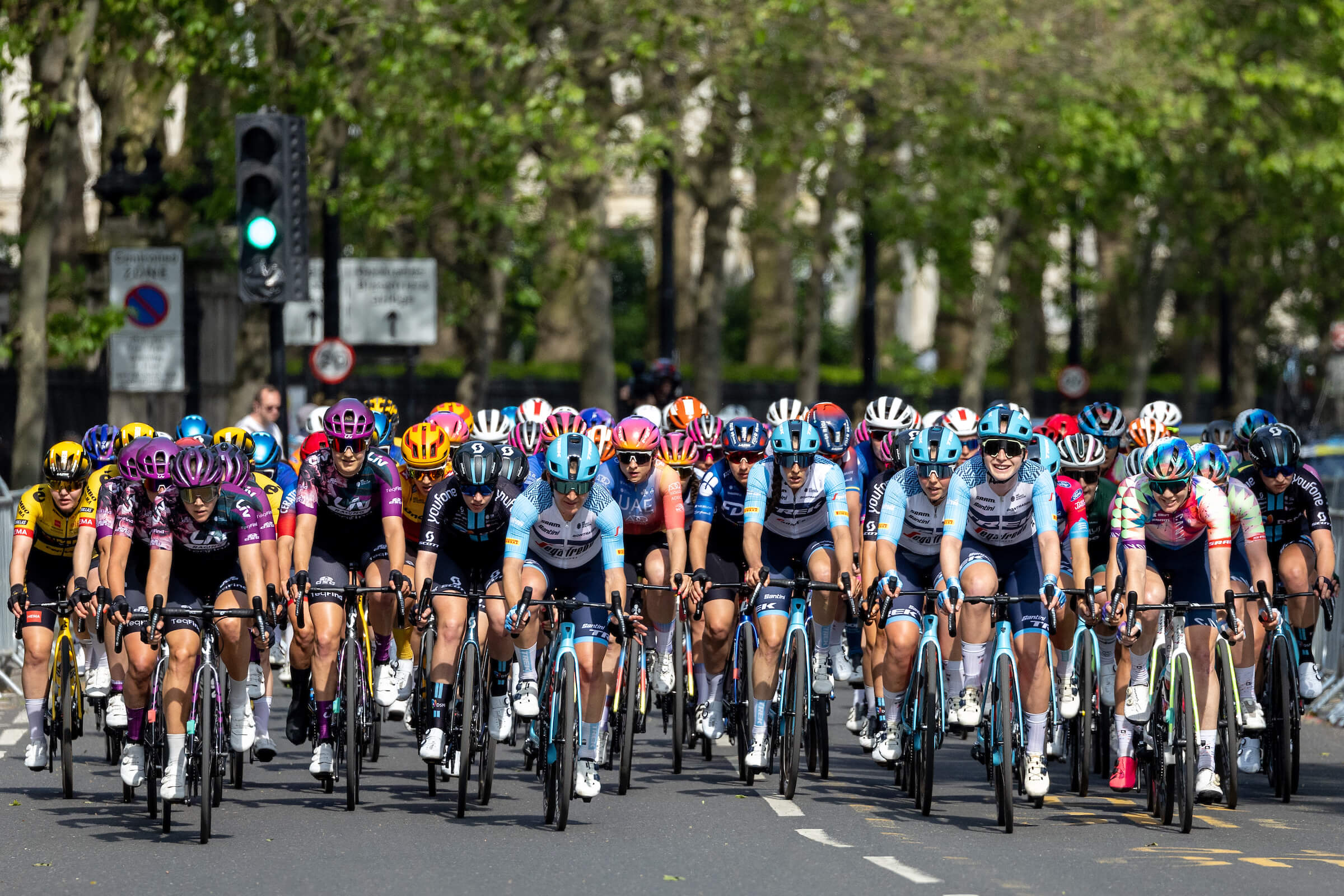 A peloton of pro cyclists in London