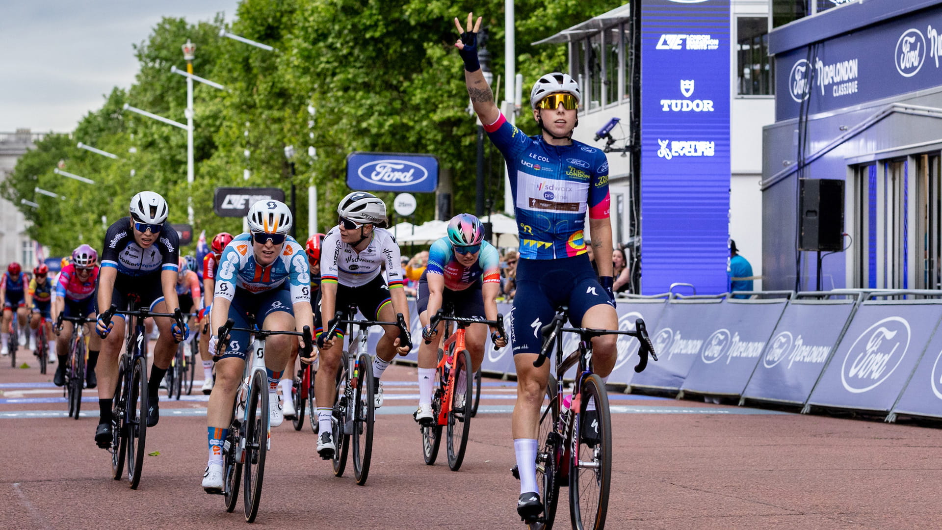 Lorena Wiebes (NED) of Team SD Worx Protime (NED) celebrates after crossing the finish line after winning Stage Three of the Ford RideLondon Classique