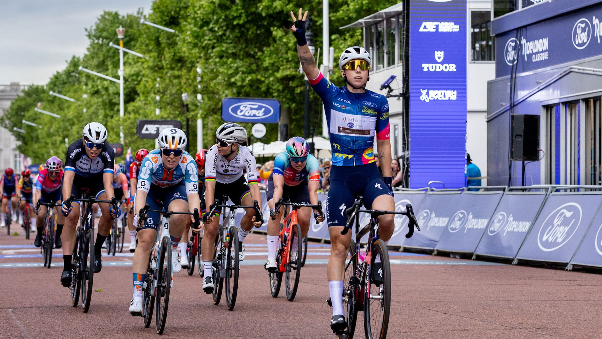 Lorena Wiebes (NED) of Team SD Worx Protime (NED) celebrates after crossing the finish line after winning Stage Three of the Ford RideLondon Classique on Sunday 26th May 2024.