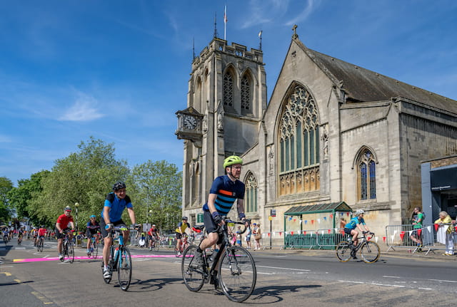 Cyclists going through Epping during Ford RideLondon 2023