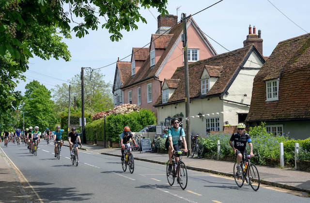 Cyclists going through Felsted during Ford RideLondon 2024