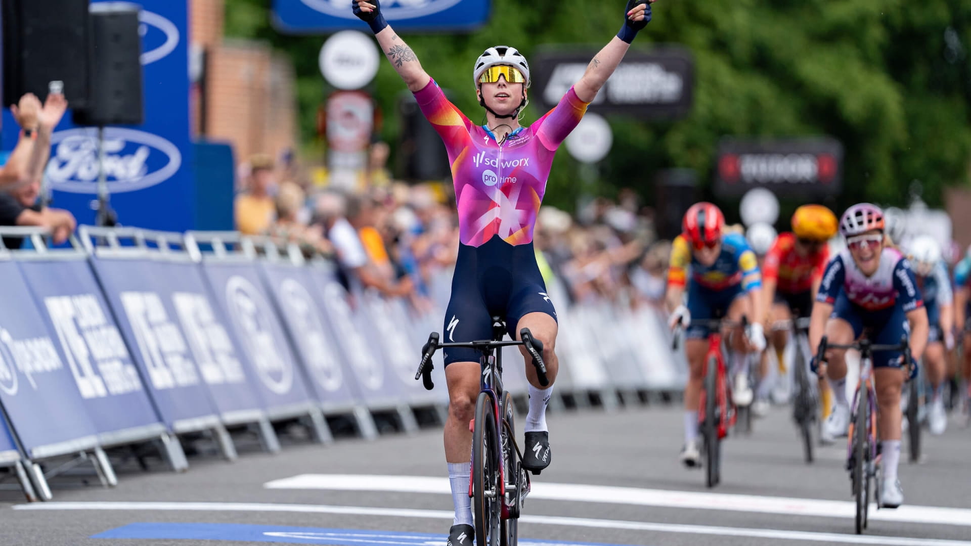 Lorena Wiebes (NED) of Team SD Worx Protime (NED) celebrates as she crosses the finish line to win Stage One of the Ford RideLondon Classique in Colchester on Friday 24th May 2024.