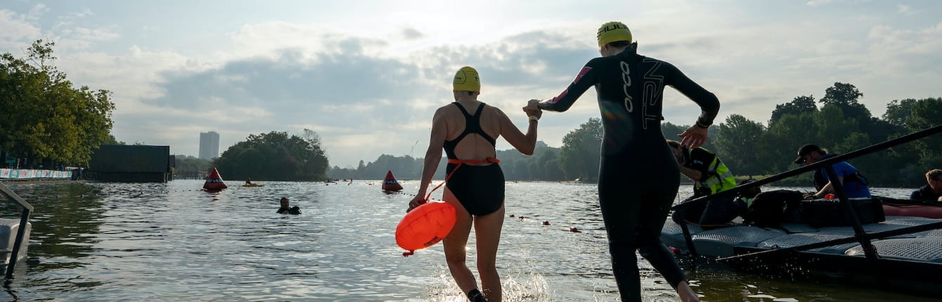 Swimmers start the Children With Cancer UK Swim Serpentine on Saturday 18th September 2021.