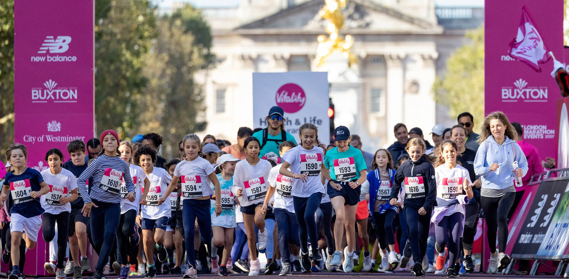 Young runners leave the 2023 Vitality Westminster Mile Start Line