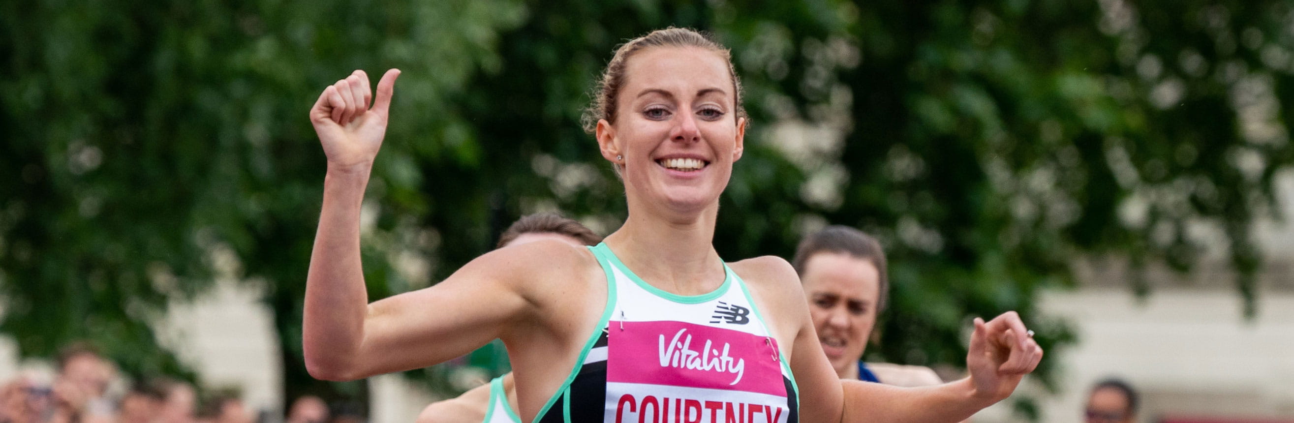 Melissa Courtney crosses the finish line to win the British Championship One Mile Road Race Senior Women as part of The Vitality Westminster Mile
